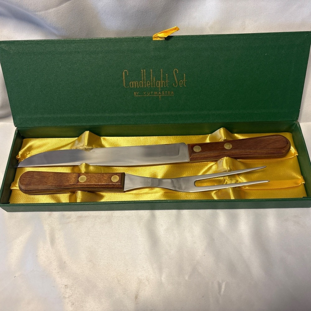 Vintage 2 Pc Kutmaster Candlelight Set Stainless Steel Pakkawood Carving Set Box